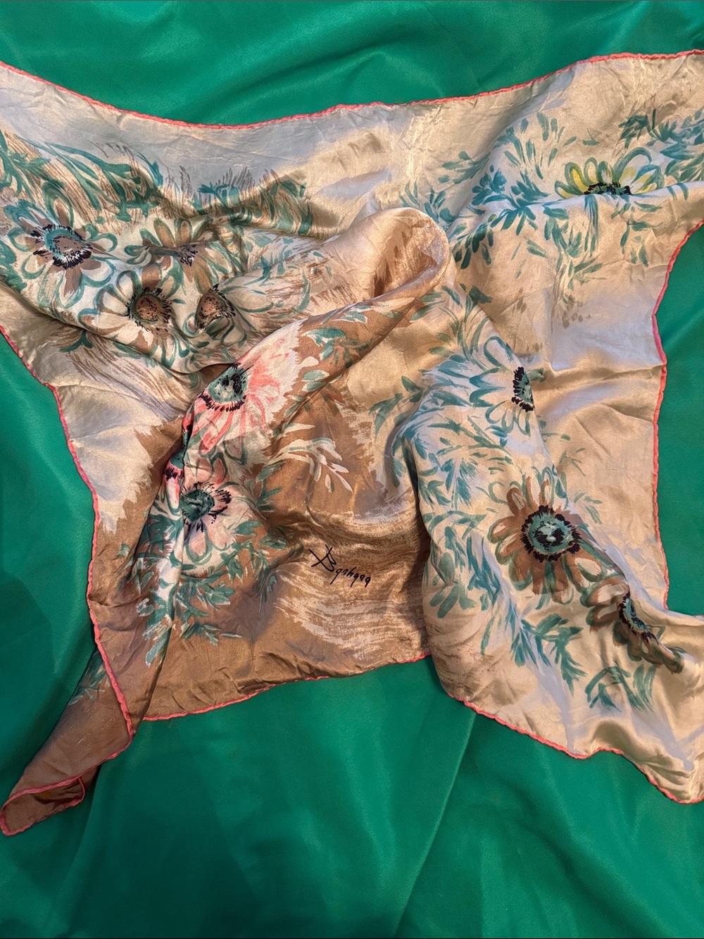 Silk Floral Scarf in Teal and Champagne